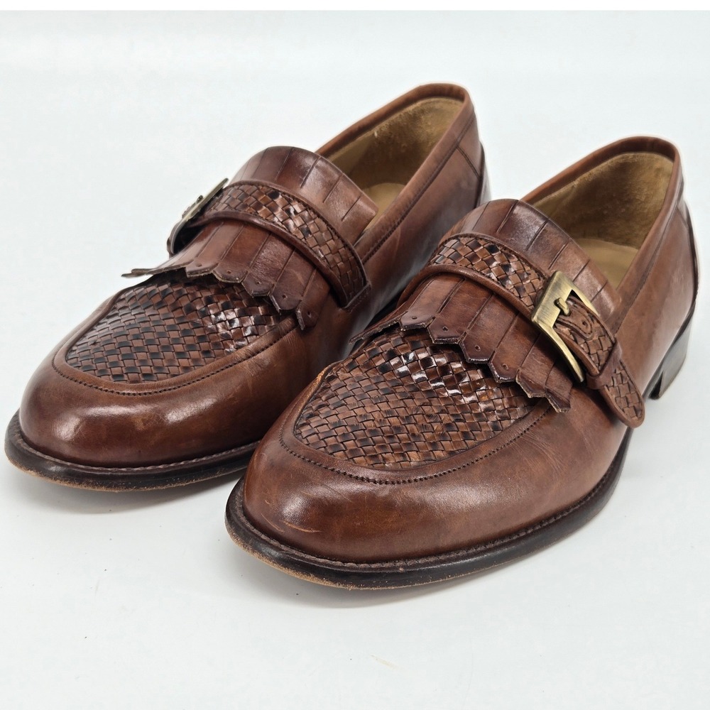 Johnston & Murphy Handcrafted Italy Brown Leather Woven Kiltie Monk Strap 9.5 M